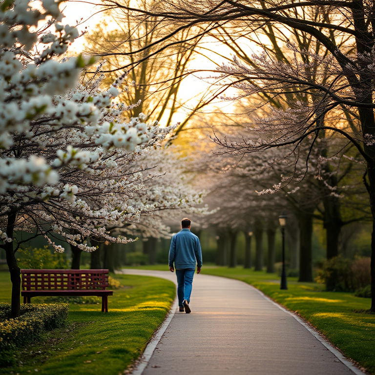 capture a serene park scene with a person walking down a path surrounded by blooming trees and lush greenery, use a Canon EOS R5 with a 50mm lens, aperture f/2.8, shutter speed 1/200s, ISO 100, focus on the subject walking away, golden hour lighting for a warm tone, shallow depth of field to blur the background slightly