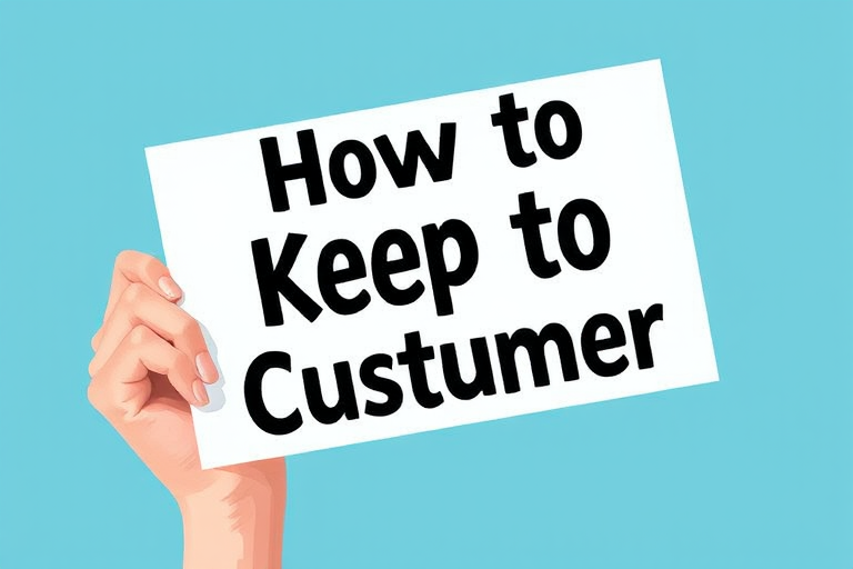 Create an illustration of a hand holding a sign that says "How to Keep the Customer" in bold, playful typography, with a bright blue background, using a Canon EOS R camera, 50mm lens, f/1.8 aperture, ISO 100, and natural lighting to enhance clarity and color vibrancy.