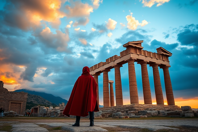 Generate an image of a lone figure in a red cape standing before ancient Greek ruins with majestic columns under a dramatic sky, using a DSLR camera, 24mm lens, f/11 aperture, 1/125 sec shutter speed, and golden hour lighting to enhance the atmosphere and colors.