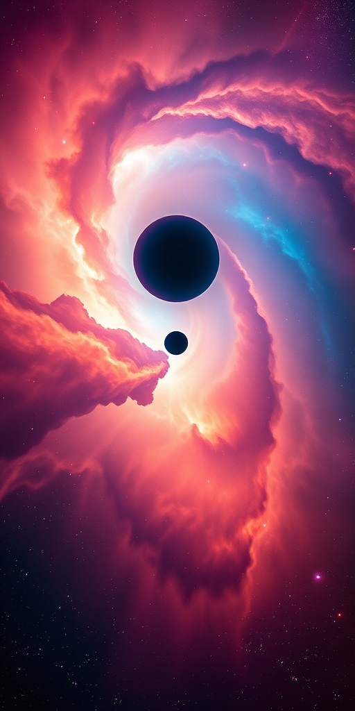 Generate a vibrant cosmic scene featuring a swirling nebula with a central planet, high-definition resolution, captured with a Canon EOS R5, 24mm lens, f/2.8 aperture, ISO 100, and a long exposure setting to enhance light trails and colors.