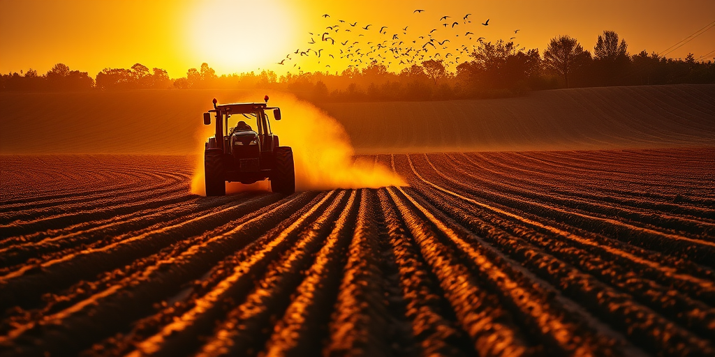 Crisp, detailed image of a farmer plowing a field at sunset, the tractor kicking up dust, golden light casting long shadows across the earth, rows of freshly tilled soil stretching into the distance, a flock of birds flying overhead.