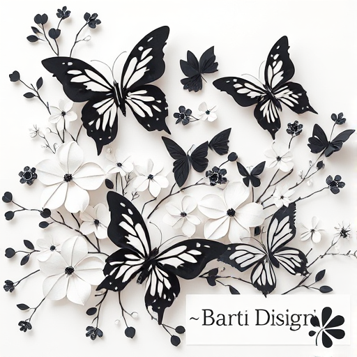 Create an elegant floral design featuring a variety of butterflies in shades of black and white. Include intricate paper-like flowers and branches, blending realistic and abstract elements. The overall composition should have a soft, dreamy background with a harmonious balance of light and dark tones.