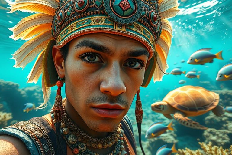 Realistic selfie image of a Aztec, wearing a vintage outfit, detailed dreamy eyes, droopy hooded eyes, staring at the camera, taken underwater at coral reef with a sunbeam filtering through the water, vibrant, summer vacation, natural lighting, turtle and school of tropical fish with vibrant colors, rendered in the style of CryEngine, Pegi Nicol MacLeod, with realistic genre scenes, hauntingly beautiful narratives, ultra-realism, and Thomas Saliot's close-up technique, 8K resolution, crystal clear and sparkling water.