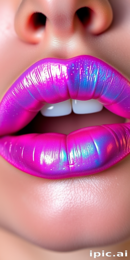 Holographic iridescent lip color shifting between pink and blue, dubbed "Unicorn Dreams," incorporating tiny sparkles for a magical, ethereal look