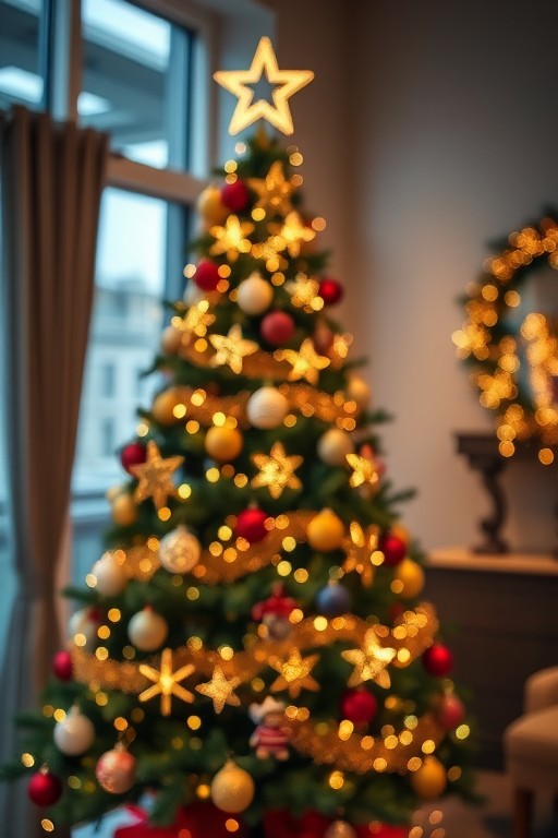 Create a high-resolution image of a stylized Christmas tree with intricate designs, shot with a DSLR camera at f/2.8 aperture, ISO 100, 50mm lens, in a well-lit indoor setting, utilizing a soft focus effect to enhance the details.