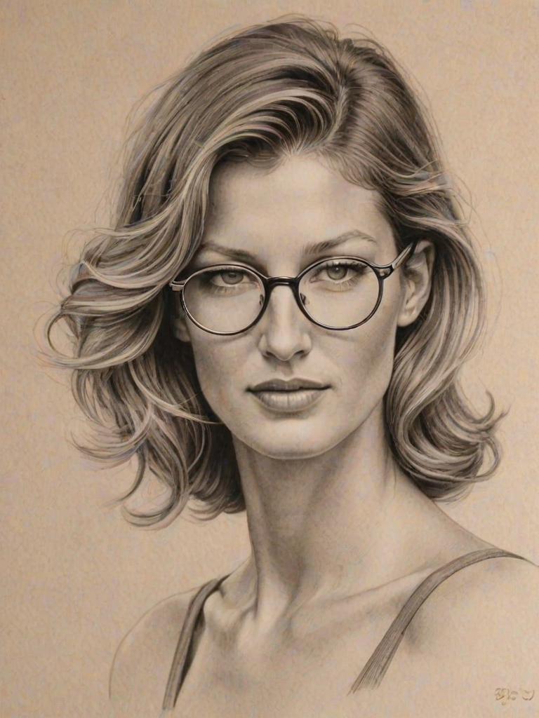 Wonderful Gisele B'ndchen, pencil sketch, portrait of Dazzling woman 1929s in glasses, hair style beatnik, outline, clear lines, fine lines, 8k