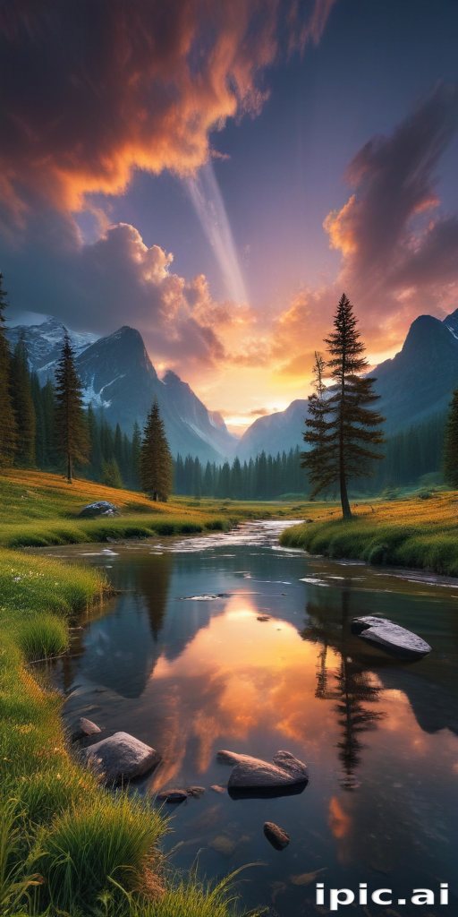Tranquil Mountain Landscape at Sunset Reflecting in a Serene River