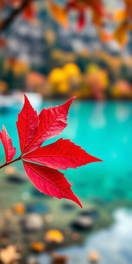 Capture a close-up of a vibrant red autumn leaf in sharp focus against a blurred background of a serene turquoise lake and colorful trees, taken with a Canon EOS R5, 50mm lens, f/1.8 aperture, ISO 100, and a shallow depth of field for enhanced image quality.