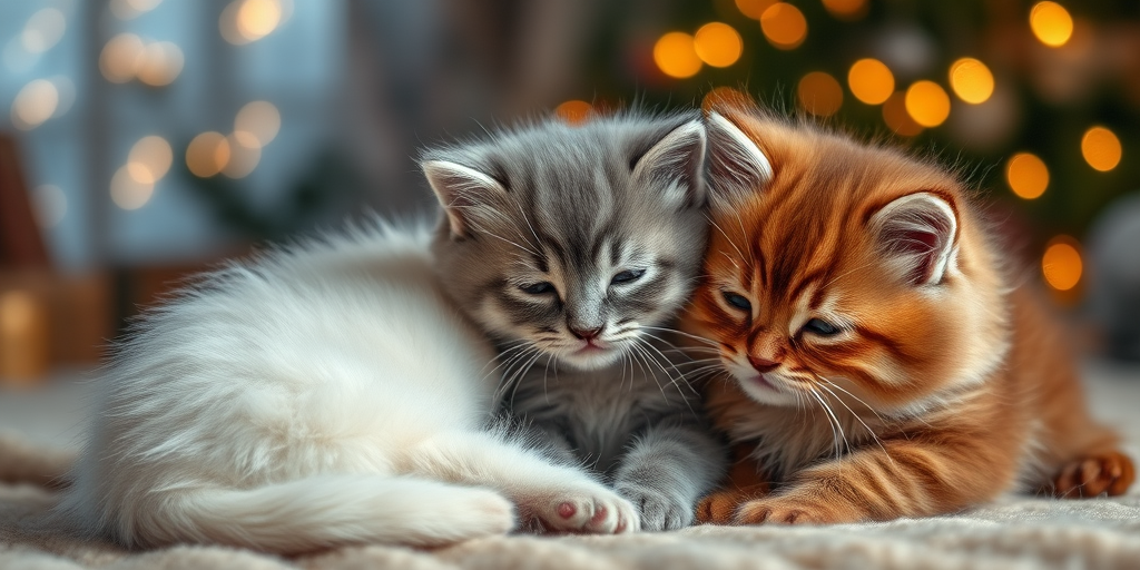 Regenerate a cute scene of three kittens cuddling together, featuring a fluffy white kitten, a soft gray kitten, and a fluffy brown kitten, with a cozy indoor background decorated with festive lights, using a DSLR camera with a 50mm lens, aperture f/2.8, shutter speed 1/125s, ISO 200, captured from a slightly elevated angle for a warm, intimate feel.