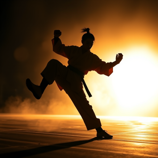 Create a sharp silhouette of a martial artist in a dynamic pose, photographed with a Canon EOS R5 at f/2.8, 1/1000s, ISO 100, with a low-angle wide shot and dramatic lighting to enhance contrast and detail.