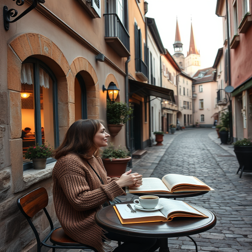 Quaint cafe in a small European village, the cobblestone street quiet in the early morning, a woman in a cozy sweater sits at a bistro table with a cup of coffee and an open book.
