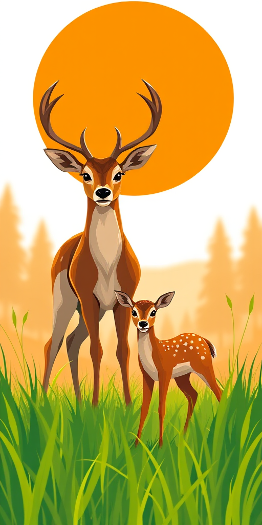 Create an image of a stylized deer and fawn standing in front of a large orange sun with lush green grass in the foreground, shot with a Canon EOS R5 at f/4.0, ISO 100, 1/200s, using a shallow depth of field for a soft background effect, in a vibrant and colorful illustration style.
