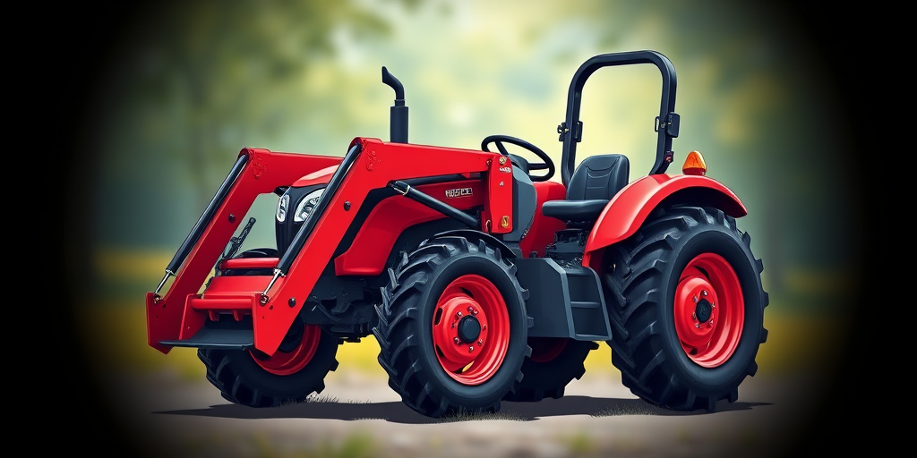 Create a high-resolution illustration of a red tractor with a front loader, side view, using a digital art style, simulating a macro photography lens effect with a blurred background for depth.