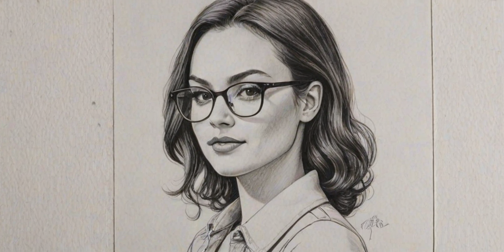 Beauteous Christina Ochoa, pencil sketch, portrait of Fetching woman 1976s in glasses, hair style beatnik, outline, clear lines, fine lines, 8k