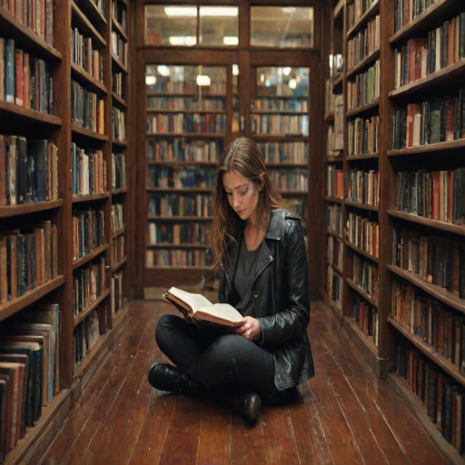 Charming bookstore on a rainy day, the sound of raindrops tapping against the window, a woman sits cross-legged on the floor between shelves, reading an old leather-bound book.