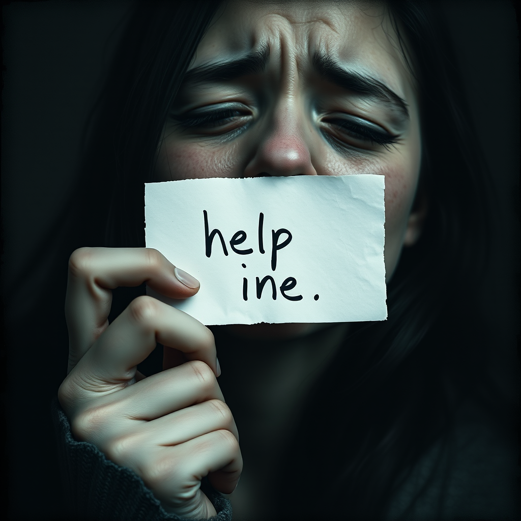 crying woman holding a note which says "help me"