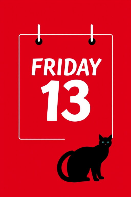Create a digital illustration of a calendar page displaying "Friday 13" in bold white font on a deep red background, featuring a silhouette of a black cat in the bottom right corner, captured with a high-resolution setting using a DSLR camera, focal length of 50mm, aperture set to f/2.8, ISO 100, and a clean, minimalistic layout.