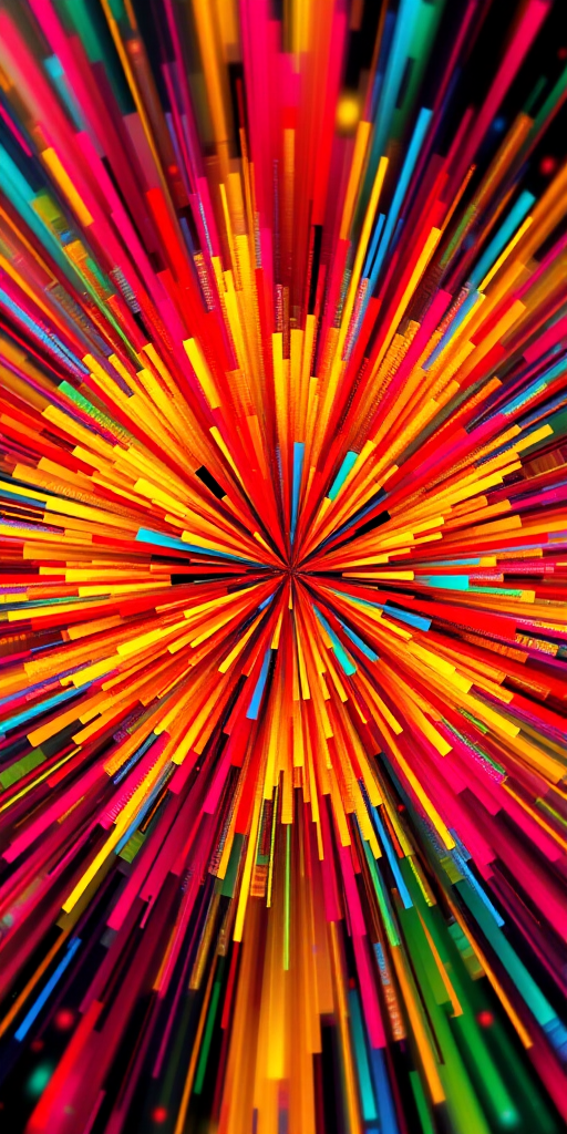 abstract explosion of colors with vibrant reds, yellows, blues, and greens in a radial pattern, high dynamic range, 50mm lens, f/8 aperture, ISO 100, shot from a frontal perspective with soft focus effect, digital art style