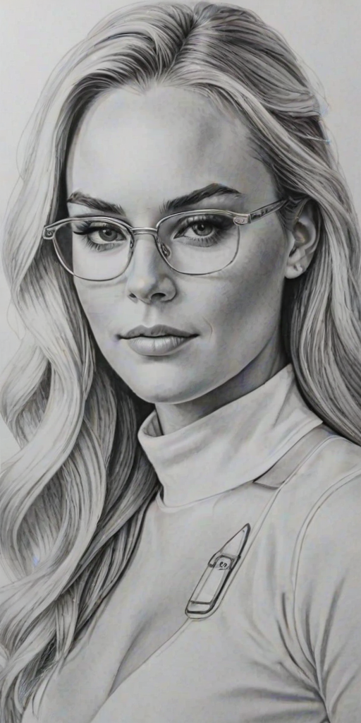 Gorgeous Lindsey Vonn, pencil sketch, portrait of Radiant woman 1954s in glasses, hair style beatnik, outline, clear lines, fine lines, 8k