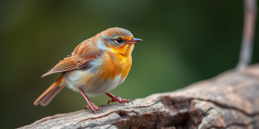 Create a highly detailed close-up image of a small brown bird perched on a wooden log, focusing on the bird's textures and colors with a shallow depth of field to blur the background, using a Canon EOS R5 camera with a 100mm macro lens, aperture set to f/2.8, ISO 200, shutter speed 1/500 sec, in natural light for an enhanced and vibrant appearance.