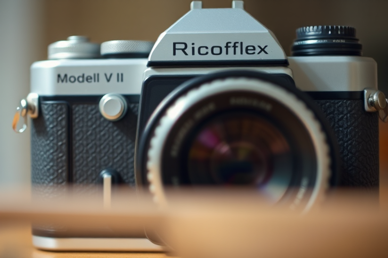 Capture a close-up of a vintage Ricohflex Model VI twin-lens reflex camera with a shallow depth of field, using a 50mm f/1.8 lens, ISO 100, aperture f/2.8, and a soft natural light to highlight the textures and details of the camera.