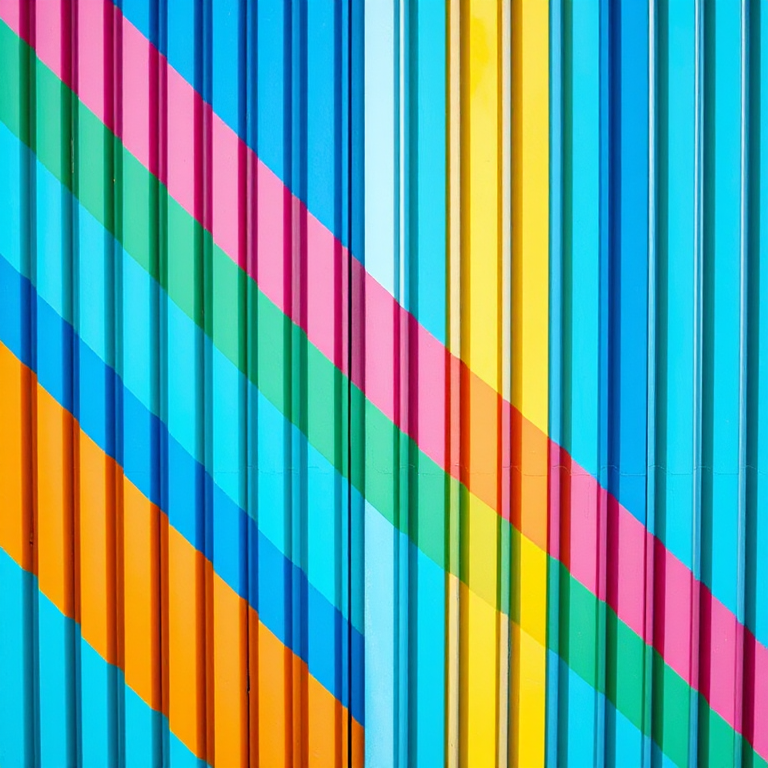 vibrant vertical striped pattern with blue, pink, orange, yellow, green, and white, taken with a DSLR camera at f/8 aperture, ISO 100, 50mm lens, natural light, top-down view for enhanced clarity and color saturation