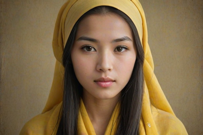 Create a portrait of a young Manchu woman with long, dark hair and captivating hazel eyes. She is wearing a Yellow headscarf and a matching scarf draped gracefully around her neck. The background is softly blurred, focusing attention on her serene and natural expression. The overall color palette is muted and warm, enhancing the intimate and authentic feel of the portrait.
