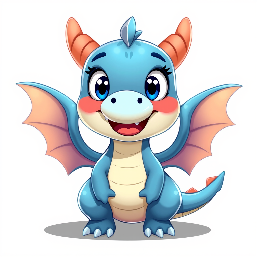 Create a cute cartoon dragon character with big eyes and a friendly smile, wings spread out, in a playful pose, digital illustration, high-resolution, shot with a DSLR camera at f/2.8, ISO 100, 50mm lens, bright and vibrant colors, well-lit soft shadows.
