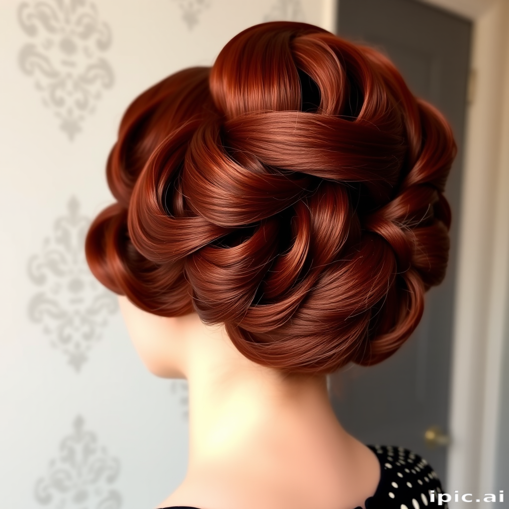Rich mahogany red hair in a classic 1940s victory roll updo, Vintage Vixen style, featuring glossy waves and perfectly coiffed rolls for timeless glamour
