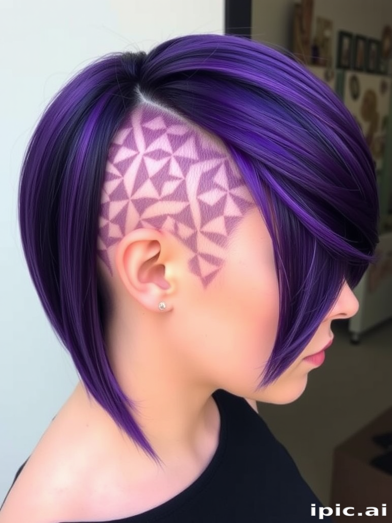 Intense violet undercut bob known as "Amethyst Aura" with shaved geometric patterns on one side and sleek, angled cut on the other