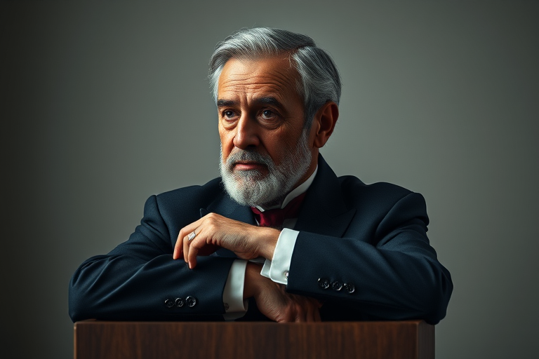 Create a hyper-realistic portrait of a prominent historical figure, shot with a Canon EOS R5 at f/1.8, ISO 100, 85mm lens, in soft diffused lighting, showcasing a thoughtful expression while leaning on a podium in a minimalist background.