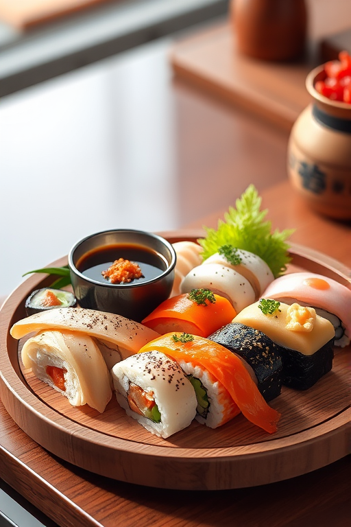 Create a high-resolution illustration of assorted sushi and a traditional sake cup on a wooden plate, using a Canon EOS 5D Mark IV, 50mm lens, aperture f/2.8, 1/60s shutter speed, with a vibrant color style and soft focus background.