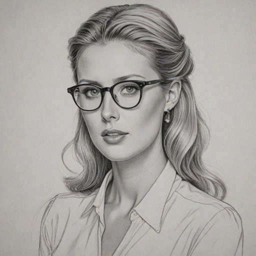 Exquisite Nicky Hilton, pencil sketch, portrait of Magnificent woman 1946s in glasses, hair style beatnik, outline, clear lines, fine lines, 8k