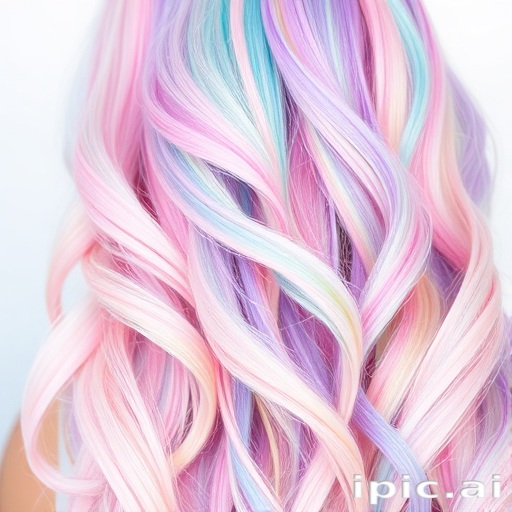 Whimsical pastel rainbow hair featuring soft waves and strategically placed color blocks, creating a dreamy watercolor effect in the playful "Unicorn's Mane" style