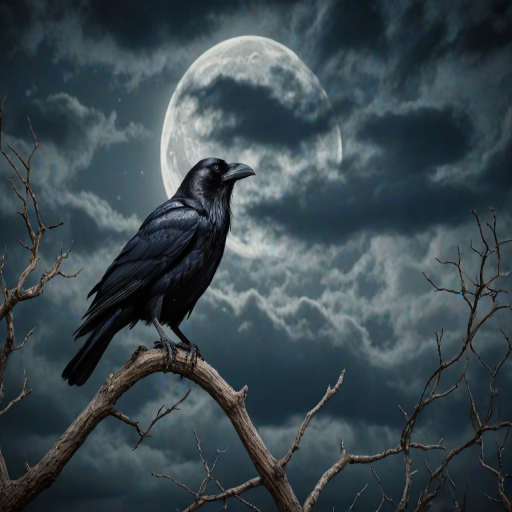 a raven perched on a branch against a full moon with dramatic clouds, highly detailed and realistic style
