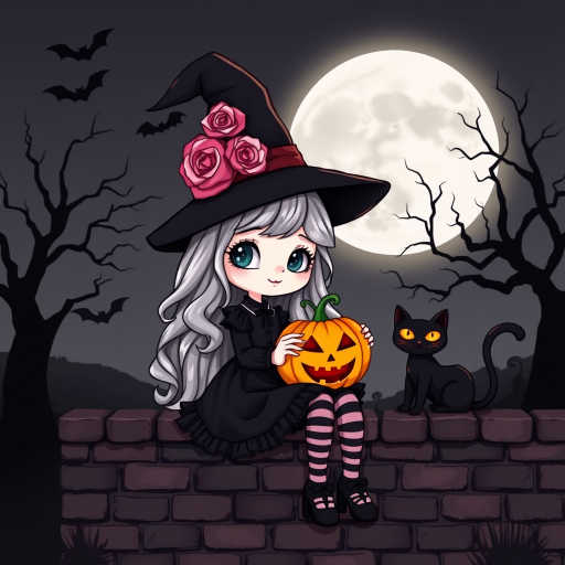 A cute, gothic-style cartoon of a young witch resembling Wednesday Addams sitting on a brick wall under a full moon. She has long wavy hair with silver, pink, and purple ombre highlights, and wears a classic black witch hat decorated with a pumpkin and roses. She is dressed in a black frilly dress with striped stockings and black shoes. A glowing Jack-o'-lantern sits beside her, and a black cat with glowing orange eyes is next to her. The background features a large moon, silhouetted bats, and a spooky tree, with a soft monochrome and slightly glowing effect, creating a magical Halloween atmosphere.