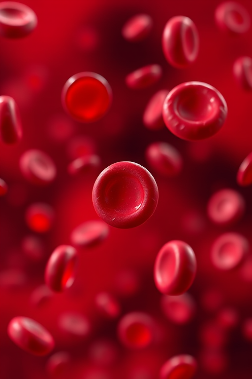 Create a high-resolution 3D render of red blood cells floating in a blurred red background using a DSLR camera with a 50mm lens at f/2.8, ISO 100, and a shallow depth of field for enhanced detail and contrast.
