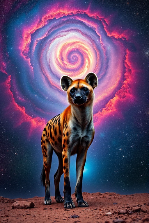 Create a high-resolution image of a cosmic hyena standing in a vibrant, swirling galaxy with bright stars and colorful nebulae, captured with a DSLR camera at f/2.8, ISO 100, shutter speed 1/125 sec, from a slightly low angle, with a wide-angle lens for enhanced depth and detail.