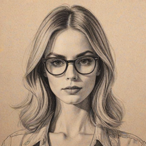 Wonderful Maroon 5, pencil sketch, portrait of Exquisite woman 1974s in glasses, hair style beatnik, outline, clear lines, fine lines, 8k