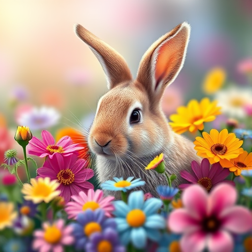 Create a highly detailed illustration of a cute rabbit sitting among colorful flowers, soft focus background, vibrant colors, 50mm lens, f/2.8 aperture, shot in natural light, digital art style.