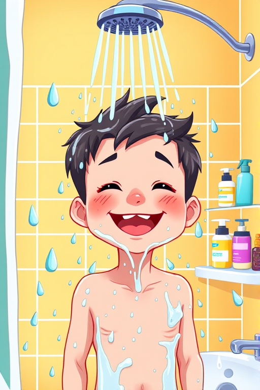 Create a high-resolution, vibrant illustration of a young boy happily washing himself in the shower, with water droplets falling, bright bathroom tiles in the background, a showerhead above, and colorful toiletries on a shelf, captured from a slightly elevated angle using a digital illustration style with a focus on vivid colors and clean lines.
