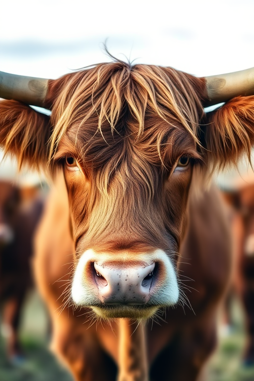 Highland cow portrait, shallow depth of field, natural lighting, 85mm lens, f/2.8 aperture, ISO 200, soft focus background, 1/200s shutter speed, taken from eye level.