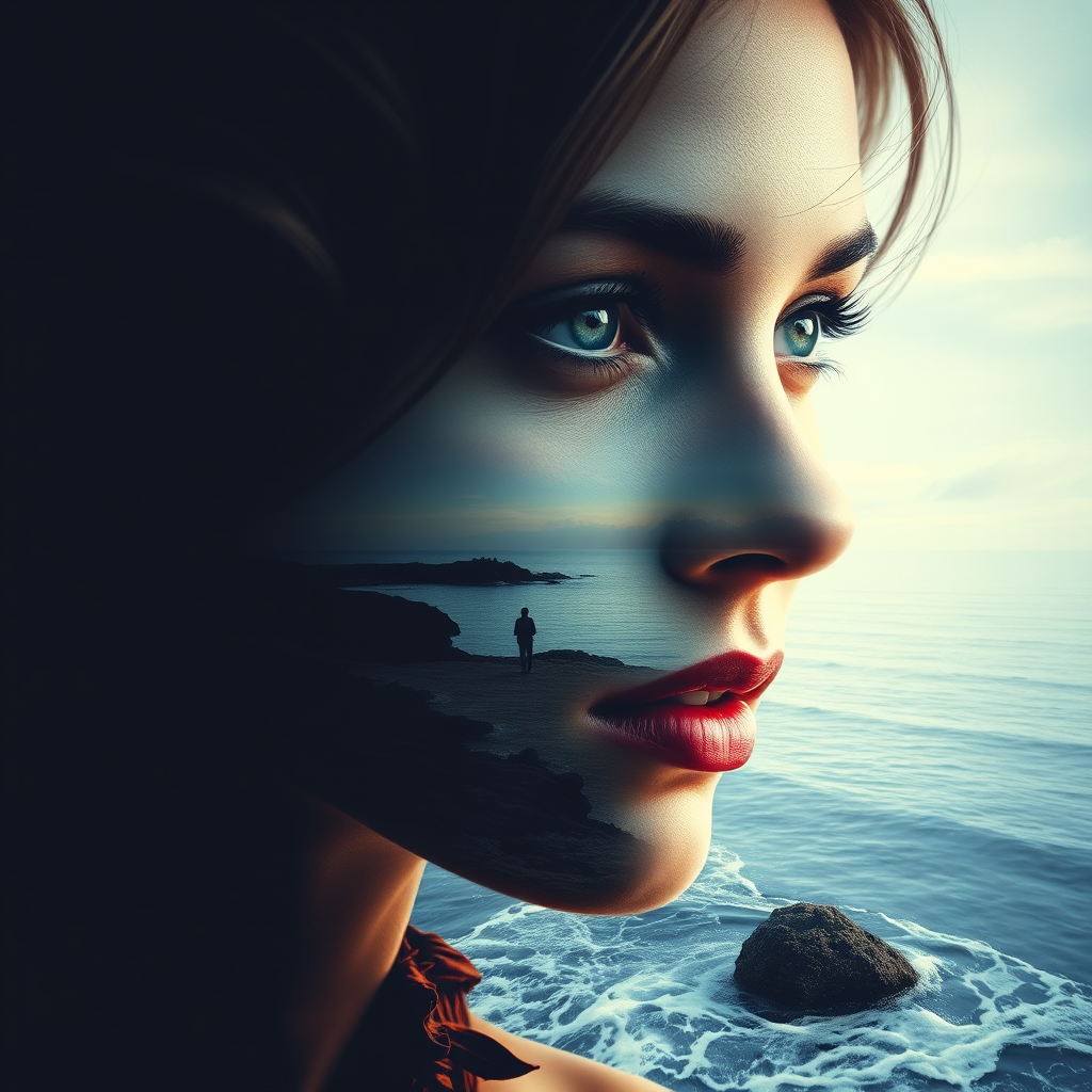 design Book cover, A surreal double exposure portrait that blends a woman's face with a beautiful seascape. The overall mood is dreamy and mystical, with rich colors and intricate details