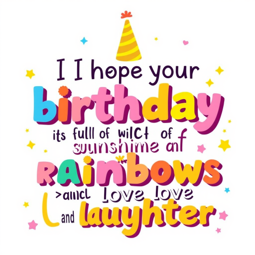 Create a bright and cheerful birthday greeting card design featuring playful typography with the message I hope your birthday is full of sunshine and rainbows and love and laughter. Use a variety of colors and fonts to highlight each word, incorporating festive elements like a birthday hat and decorative symbols such as stars and hearts against a light pastel background.