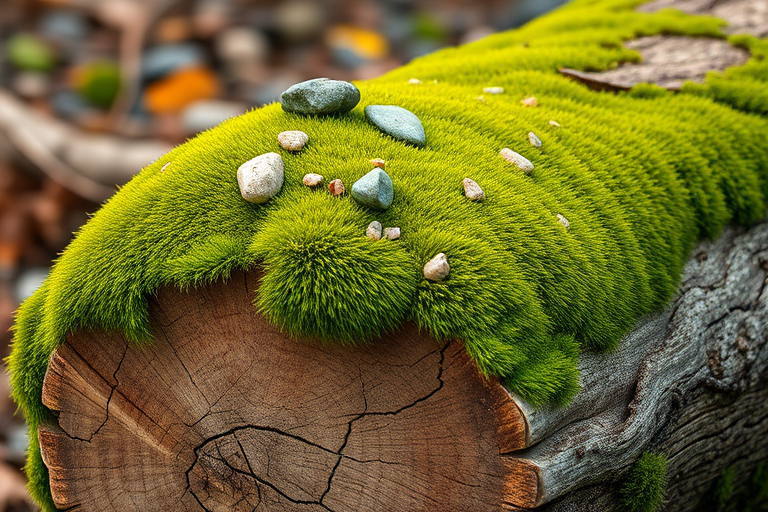 Generate a highly detailed illustration of a wooden log with green moss and small stones on top, using a DSLR camera style, 50mm lens, f/8 aperture, 1/125s shutter speed, and ISO 100 for optimal clarity and texture.