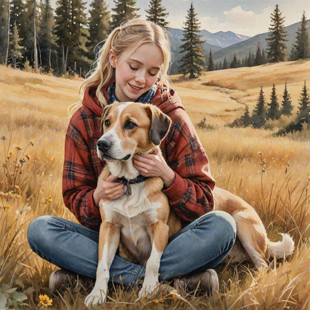 A detailed watercolor and acrylic illustration showing a heartwarming scene between a young blonde girl in pigtails and a Bearnaise Mountain dog. The girl, dressed in a rust hoodie, jeans, and a plaid scarf, gently rests her hand on the dog’s head. The dog, with black, copper, and white fur, sits beside her, tilting its head in affection. They sit on golden grass with wildflowers, against a sunny fall background. The artwork focuses on realistic textures and the tender bond between them.