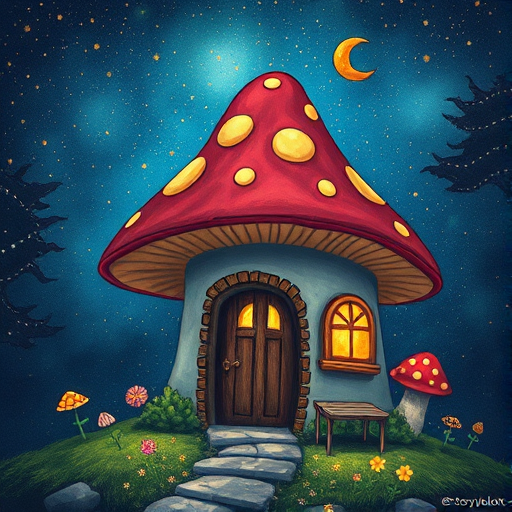 this photo is illustration of a mushroom house with a door and a window, a storybook , fantasy art, mushroom house, bg starry sky, sparkles