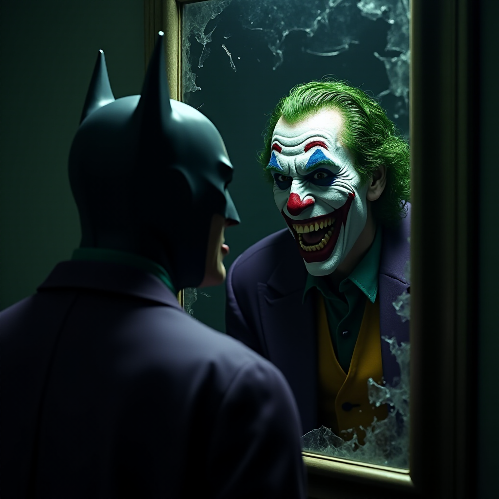 Merging elements of Batman and The Joker, this character portrays an evil, maniacal laughter, a sinister grin, and piercing eyes, accompanied by inhumanly sharp fangs. In a half-body portrait, Batman appears maniacal, gazing into a shattered mirror, his image rendered in Todd Phillips' unique style. The scene exudes an atmosphere of darkness, horror, and intense drama, with dramatic lighting and high-quality, hyper-realistic visuals. Inspired by the style of illusory wallpaper portraits, the image showcases colorful realism, exceptional attention to detail, and intricate hidden elements. The UHD, 8K resolution delivers a stunning image, combining realism and vibrant colors for an immersive, intense experience.