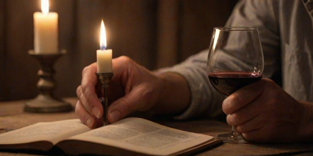 Close-up of a hand holding a glass of red wine, soft candlelight illuminating the glass, with a rustic wooden table and an open book softly blurred in the background.