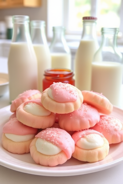 A plate of pink coconut cream-filled cookies surrounded by glass bottles of milk and a jar of jam in a bright kitchen setting.